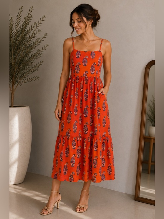 Boden Dresses & Skirts - Boden Orange Paisley Print Maxi Dress Size 4 Spaghetti Strap Tiered Sundress